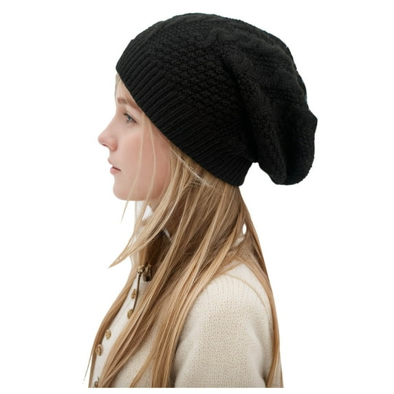 AWZXDE Hats For Women Solid Color Outdoor Hood Style Knitted Hat Braided Design Warm Slouchy Beanie For Winter Black
