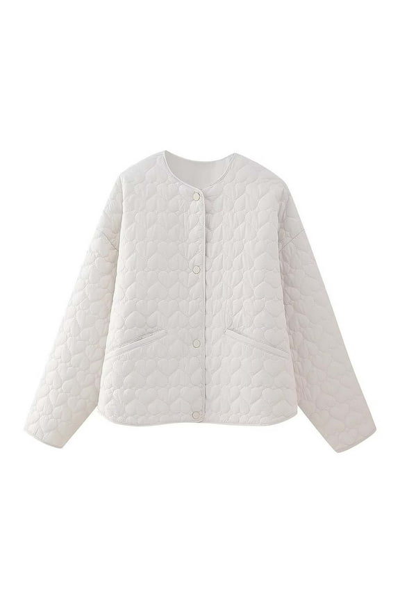Heart Quilted Cotton Jacket for Women Solid Color Fashion Versatile Casual Short Long Sleeve Jacket for Women Baseball Jacket for Women for Fall Coats Season White,XS