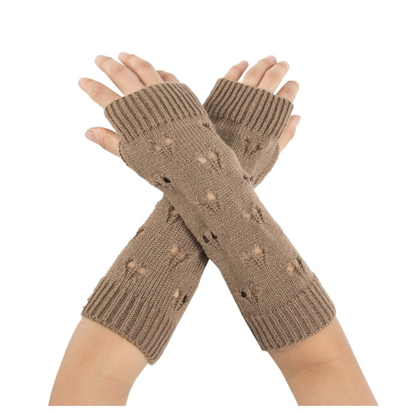 AWZXDE Hollow Knitted Gloves Wool Warm Arm Sleeve Long Jacquard Open Fingered Design for Autumn and Winter Comfort Khaki,One Size