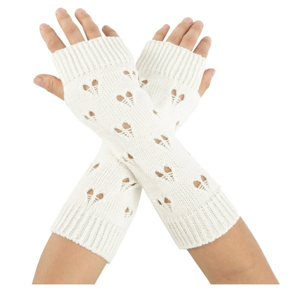AWZXDE Hollow Knitted Gloves Wool Warm Arm Sleeve Long Jacquard Open Fingered Design for Autumn and Winter Comfort White,One Size