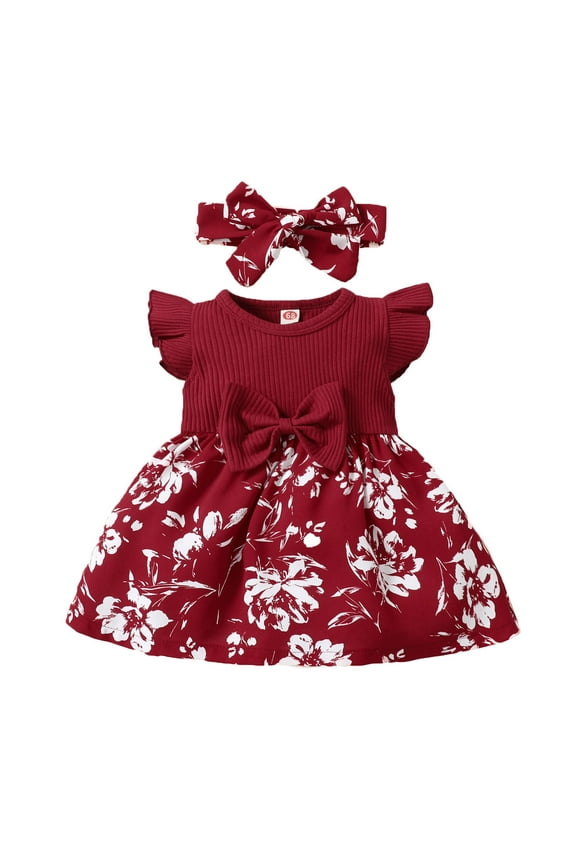 Floral Printed Dress Fly Sleeve Ribbed Bowknot Ruffles Headbands Set Toddler Dresses Soft Breathable Outfit For Baby Girls 0-24M Daily Casual Wear Lightweight
