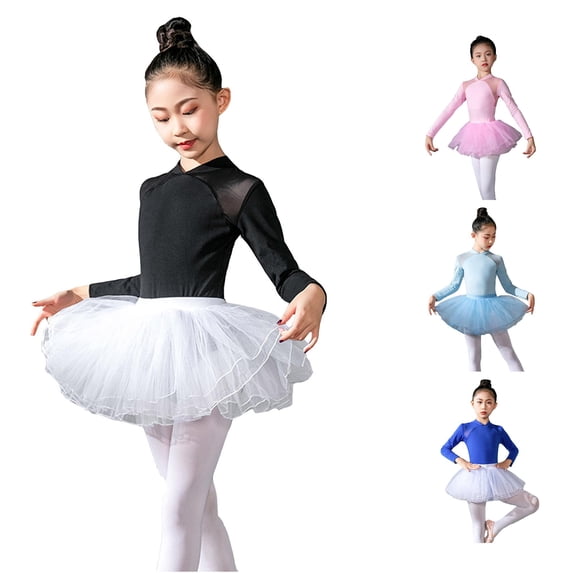 AWZXDE Kid Girls Ballet Dance Dress Lace Long Sleeve Leotards With Removable Tutu Skirt Ballerina Outfit Dancewear Black,5-6 Years