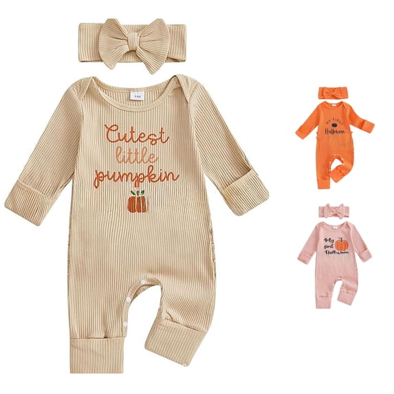 AWZXDE Kid Pumpkin Themed Long Sleeve Romper Kit Snap Closure At Bottom Coordinated Bow Headband Versatile Matching Design Seasonal Festive Clothing Khaki - 6-12 Months