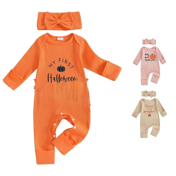 AWZXDE Kid Pumpkin Themed Long Sleeve Romper Kit Snap Closure At Bottom Coordinated Bow Headband Versatile Matching Design Seasonal Festive Clothing Orange -