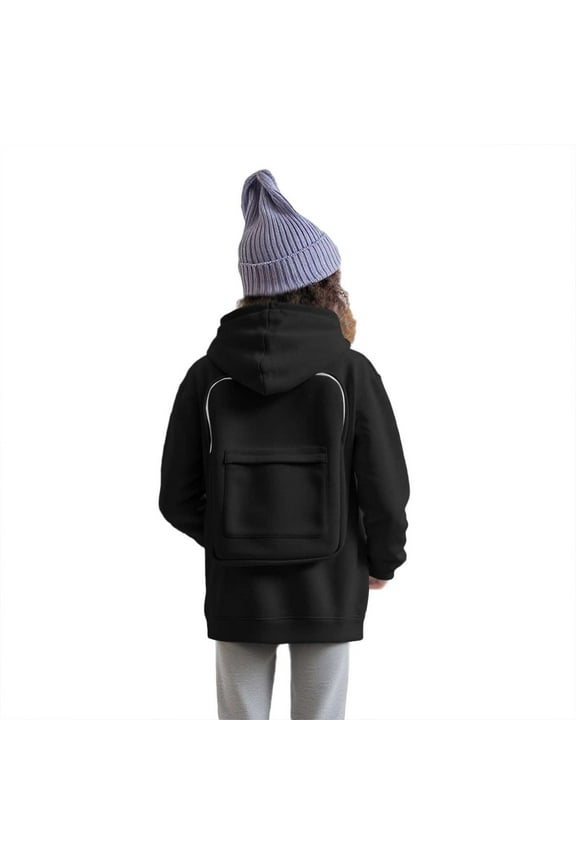 Kids Bookbag Hoodie Unisex Pullover with Built In Back Pack Solid Color Long Sleeve Sweatshirt for School and Outdoor Black,4-5 Years