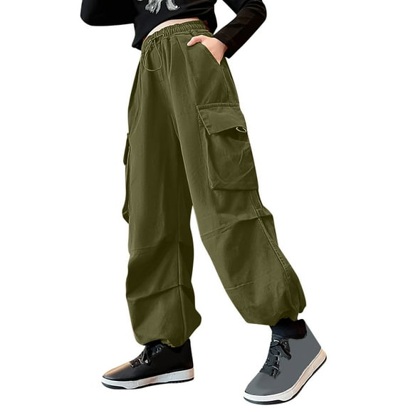 AWZXDE Kids Cargo Pants with Pockets Straight Leg Casual Street Dance Sports Loose Elastic Waist Long Trousers for Boys and Girls Army Green,7-8 Years