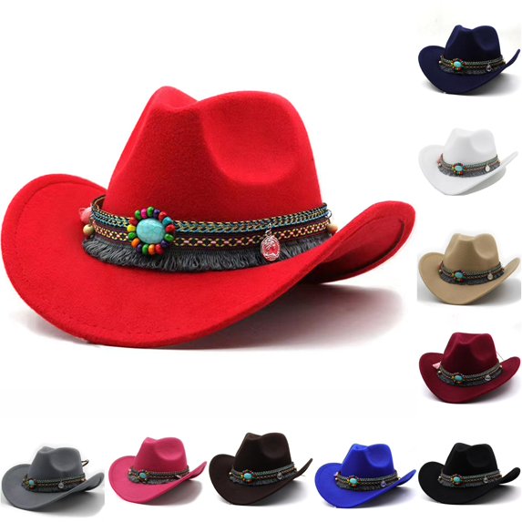 AWZXDE Kids Cowboy Hat Wide Brim Western Style Hat with Beaded Tassel Band Curved Brim Travel Cap for Holiday Events Photo and Daily Outdoor Wear Red - One Size