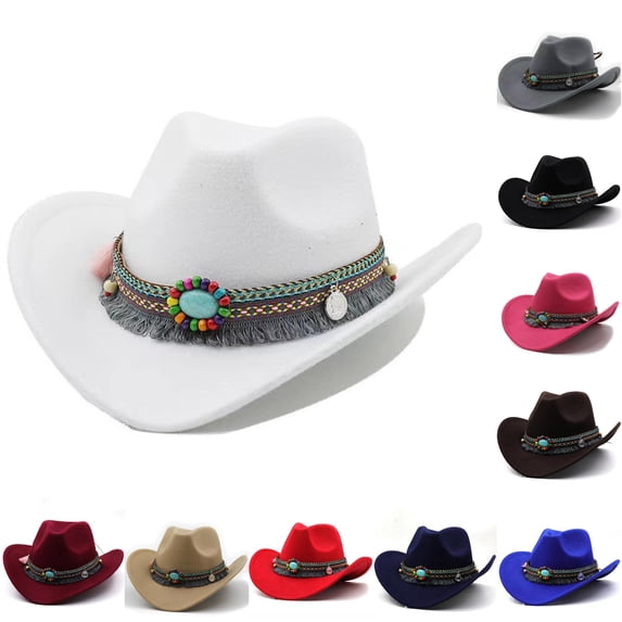 AWZXDE Kids Cowboy Hat Wide Brim Western Style Hat with Beaded Tassel Band Curved Brim Travel Cap for Holiday Events Photo and Daily Outdoor Wear White - One Size