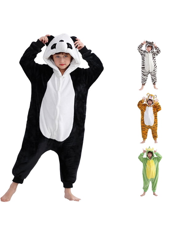 Kids Flannel Pajamas Animal Panda Dinosaur Hooded Button Up Cosplay Loungewear Jumpsuit Black - 5-6 Years
