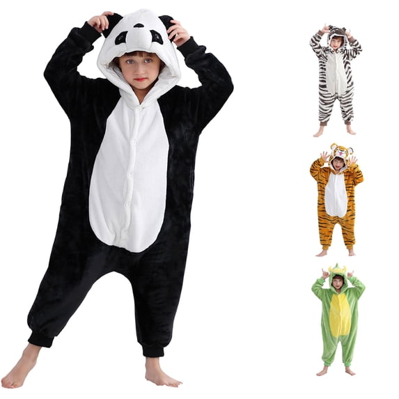 AWZXDE Kids Flannel Pajamas Animal Panda Dinosaur Hooded Button Up Cosplay Loungewear Jumpsuit Black - 5-6 Years