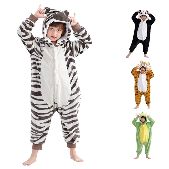 AWZXDE Kids Flannel Pajamas Animal Panda Dinosaur Hooded Button Up Cosplay Loungewear Jumpsuit White - 5-6 Years