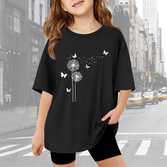 AWZXDE Kids' Graphic Oversized Tee Children Girls Short Sleeve Letter T Shirts Summer Comfy Casual Crewneck Basic Tops Black,9-10