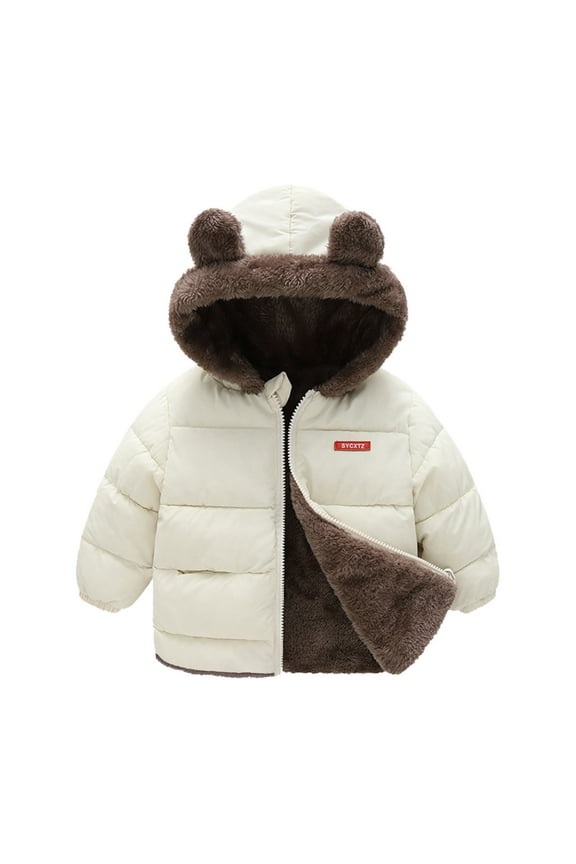 Kids Long Reversible Bear Ears Hooded Jacket with Pockets Warm Thick Down Integrated Outerwear for Children Beige,4-5 Years