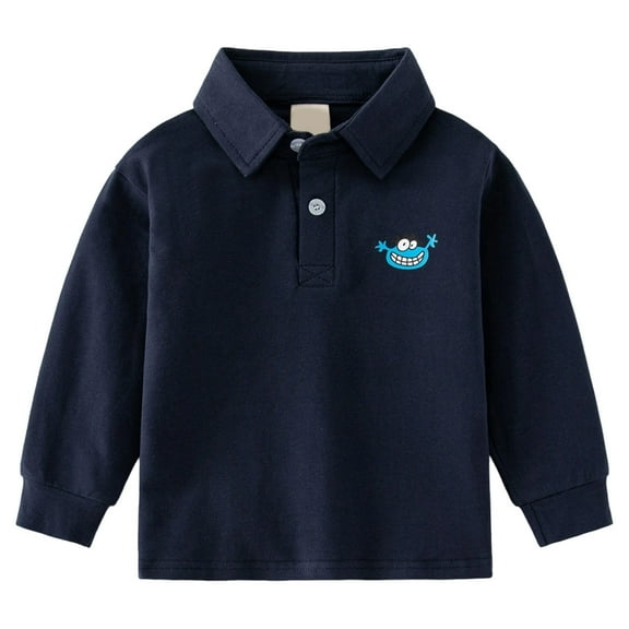 AWZXDE Kids Long Sleeve Polo Shirt Two Button Stand Collar Cartoon Print Warm Top Boys Long Sleeve Shirts 2-10Y Navy，2-3 Years