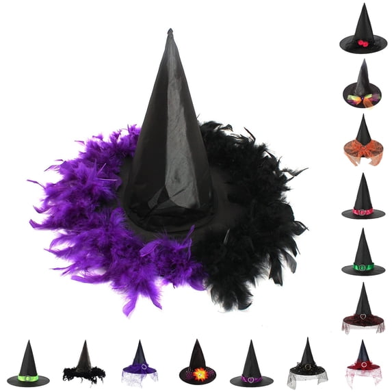 AWZXDE Kids Party Hat Halloween Witch Hat With Satin Ribbon Rhinestone Wide Brim Pointed Hat for Cosplay Dress‑up Holiday Parties and Themed Events D-Purple - One Size