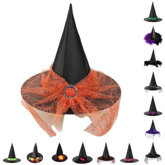 AWZXDE Kids Party Hat Halloween Witch Hat With Satin Ribbon Rhinestone Wide Brim Pointed Hat for Cosplay Dress‑up Holiday Parties and Themed Events F-Orange - One Size