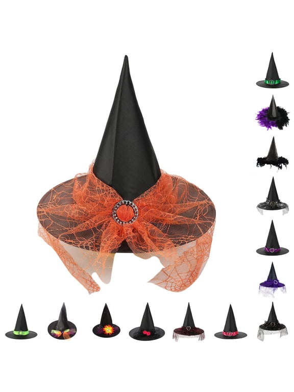 Kids Party Hat Halloween Witch Hat With Satin Ribbon Rhinestone Wide Brim Pointed Hat for Cosplay Dress‑up Holiday Parties and Themed Events F-Orange - One Size