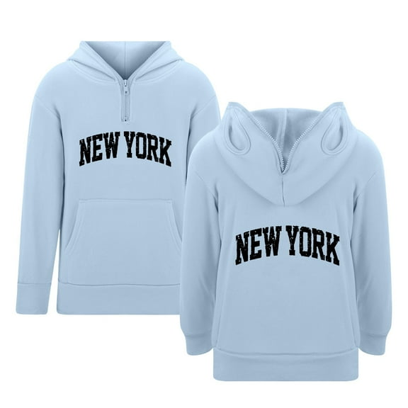 AWZXDE Kids Pullover Hoodie With Letter Print And Zipper Pocket Long Sleeve Casual Loose Fit Comfortable Sweatshirt Light Blue,5-6 Years