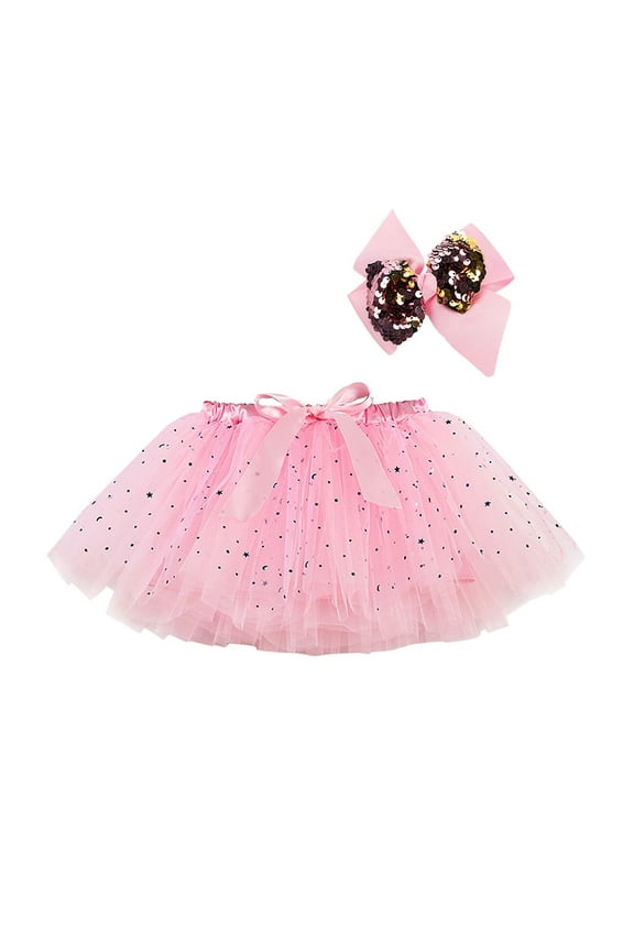 Kids’ Star Sequin Short Skirt Set with Bow Hair Clip Two-Piece Outfit Cute For Photos and Special Days Pink,2-4 Years