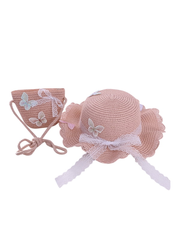 Kids Straw Hat Beach Set with Straw Tote Bag for Girls Sun Shade Hat