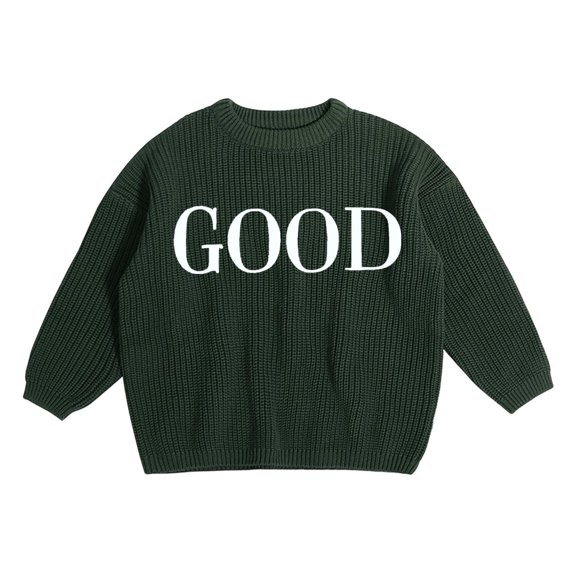 AWZXDE Kids Sweater with Handcrafted Embroidery Letter Print Solid Color Fashion Knit Top for Autumn Winter Casual Wear and Custom Style Army Green,12-18 Months