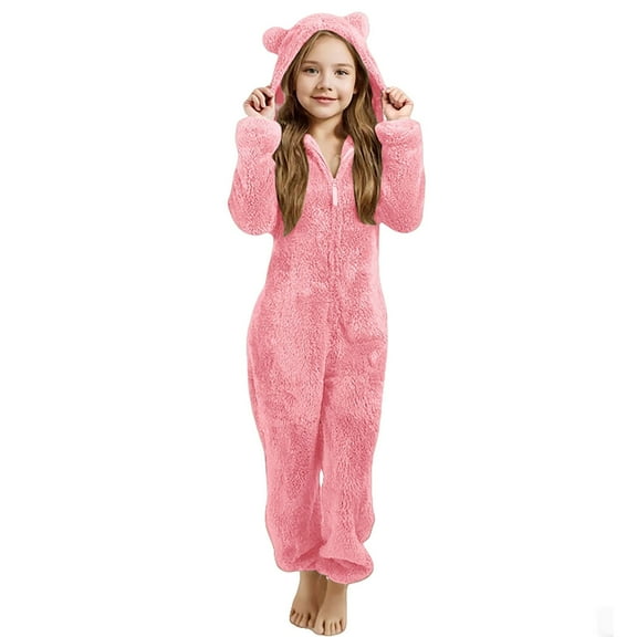 AWZXDE Kids Warm Hooded Cute Pajama with Cat Ears Warm and Soft Sleepwear for Girls Cozy Winter Home Outfit Deep pink,4-5 Years