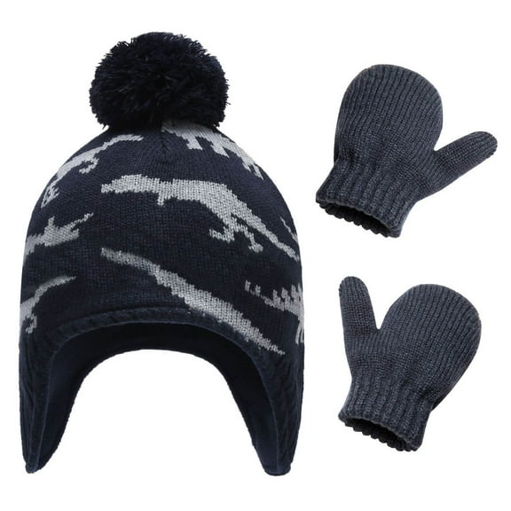 AWZXDE Kids Winter Hat Children Hat Neck Warp Gloves Set Cute Animal Cute Dinosaur Print Knitted Heat Retention Dark Blue