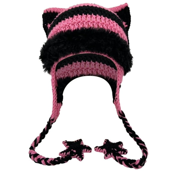 AWZXDE Knitted Hat With Celestial Cat Ear Braids Unisex Warm Ear Shield Hats For Men Outdoor Fashion Pink
