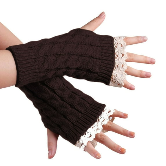 AWZXDE Knitted Mittens Lace Casual Fingerless Half Gloves for Women - Stylish and Versatile Knit Solid Gloves Brown,A