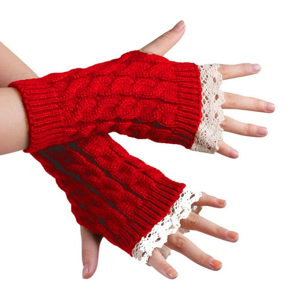AWZXDE Knitted Mittens Lace Casual Fingerless Half Gloves for Women - Stylish and Versatile Knit Solid Gloves Red,A