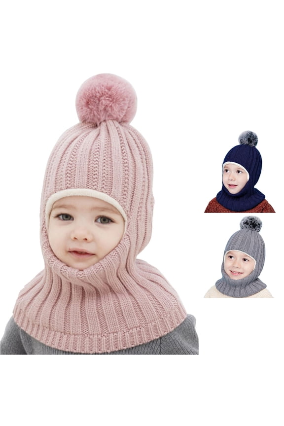 Knitted Warm Earflap Winter Hood Hat With Neck Warmer & Pom Ball For Baby Boys Girls