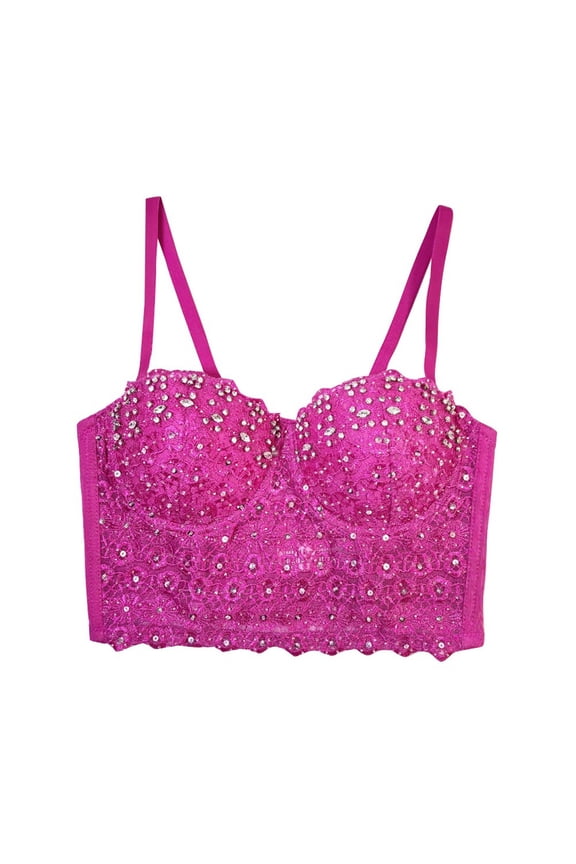 Lace Bra Women's Rhinestone Beaded Crop Top Belly Dance Corset Fishbone Bustier