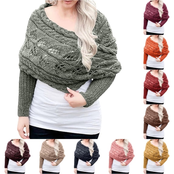 AWZXDE Ladies Fashion Casual Autumn Winter Outdoor Solid Color Hollow Thickened Comfortable Double Sleeve Shawl Scarf With Sleeve Sweater Scarf Light Green