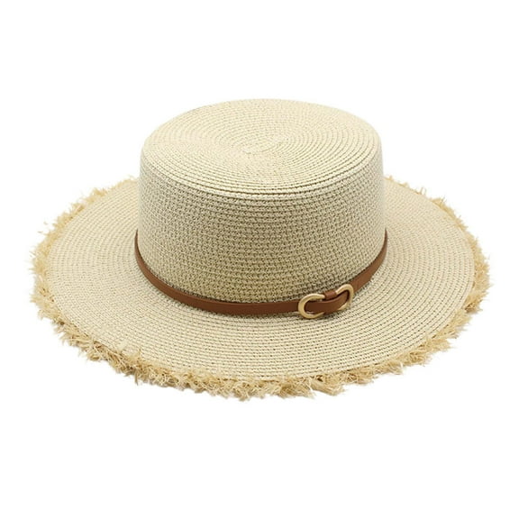 AWZXDE Ladies Wide Brim Raffia Straw Sun Hat With Belt Beach Hat For Summer Outings And Travel Beige