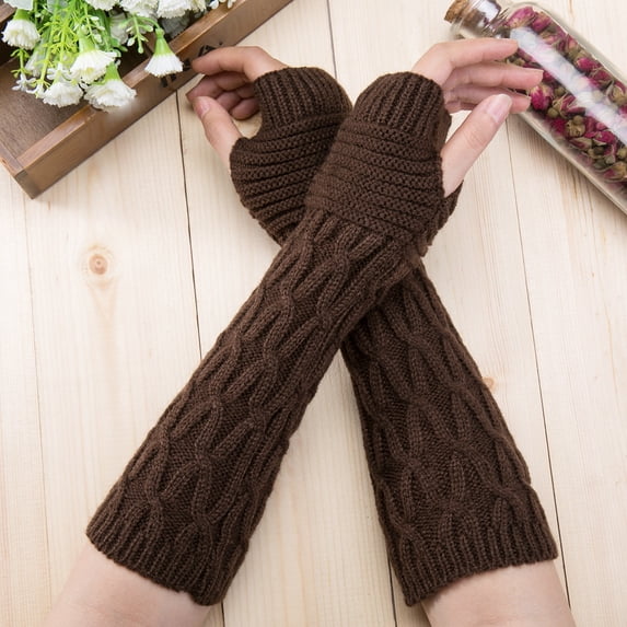 AWZXDE Fashion Knitted Mitten Long Gloves for Women - Warm Winter Fingerless Arm Wrist Gloves Coffee,One Size