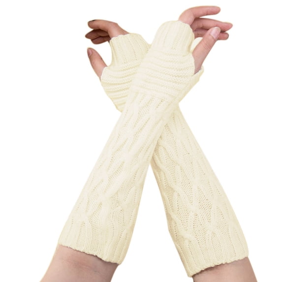 AWZXDE Fashion Knitted Mitten Long Gloves for Women - Warm Winter Fingerless Arm Wrist Gloves White,One Size