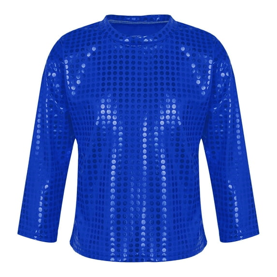 AWZXDE Long Sleeve Shirt Unisex Kids Glitter Graphic Tee Top Cool Round Neck Shirt for Girls Boys Casual Party Wear Childrens Fashion Tops with Rhinestones Blue,12-14 Years