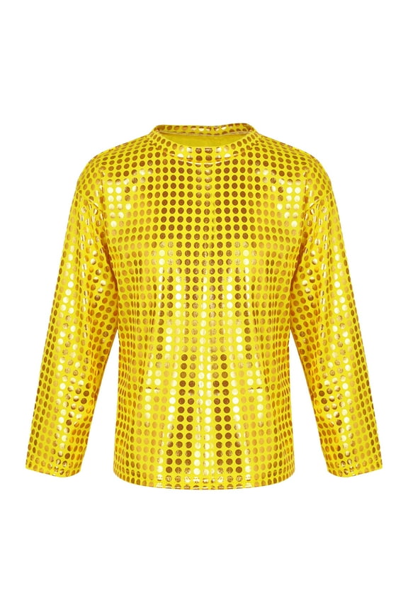 Long Sleeve Shirt Unisex Kids Glitter Graphic Tee Top Cool Round Neck Shirt for Girls Boys Casual Party Wear Childrens Fashion Tops with Rhinestones Gold,5-6 Years