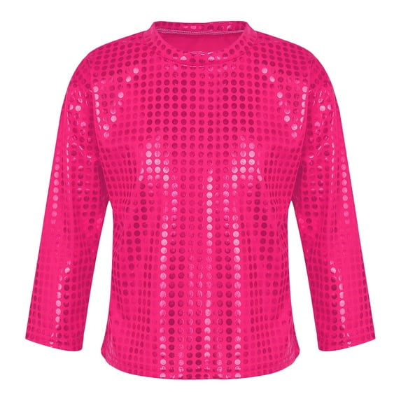 AWZXDE Long Sleeve Shirt Unisex Kids Glitter Graphic Tee Top Cool Round Neck Shirt for Girls Boys Casual Party Wear Childrens Fashion Tops with Rhinestones Hot Pink,7-8 Years