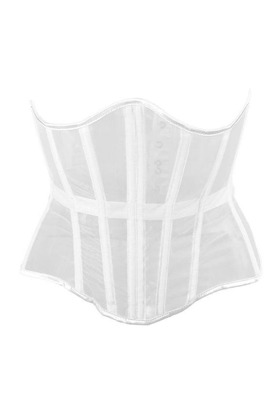 Longline Mesh Corset with Breathable Waist Cincher Lace-Up Back Sheer Panels Underbust Shapewear for Everyday White,S