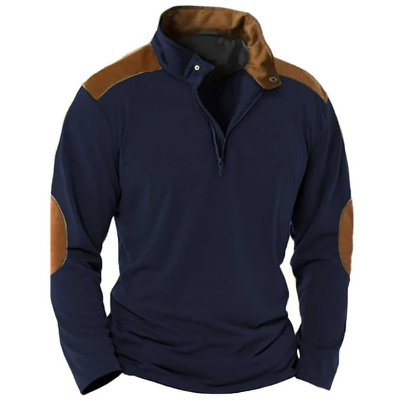 AWZXDE Men's Casual Half Zip Patchwork Sweatshirt, Stand Collar for Indoor and Outdoor Wear Navy,XXL