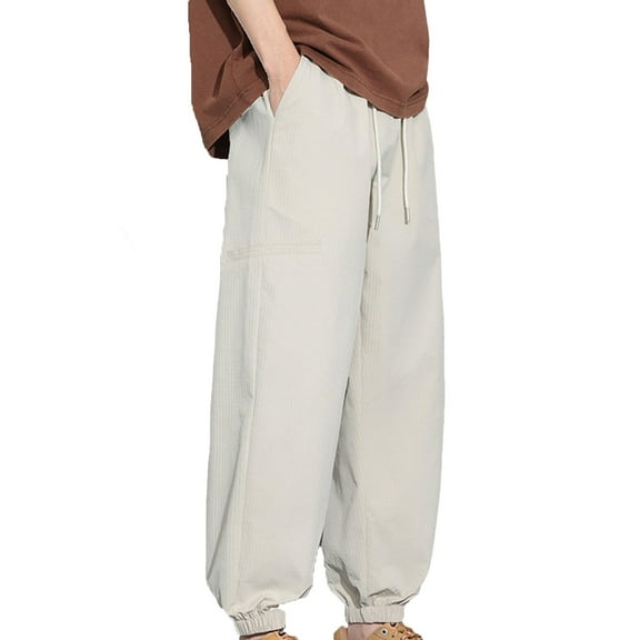AWZXDE Men's Casual Harem Pants Solid Color Drop Crotch Loose Fit Elastic Ankles Lightweight Comfortable Relax Wear White,M