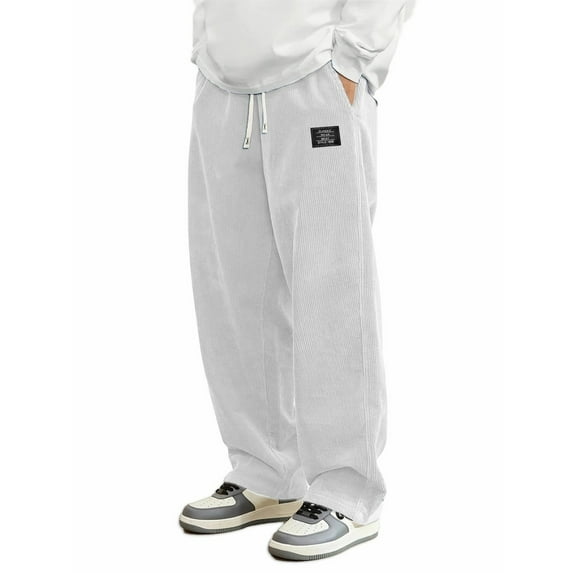 AWZXDE Men's Corduroy Casual Pants with Pattern Label Detail Straight Leg Relaxed Fit Comfortable Style Trousers White,L