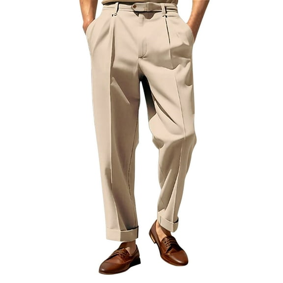 AWZXDE Men's Flat Front Straight Leg Dress Pants with Button Closure Formal Business Slacks Khaki,L