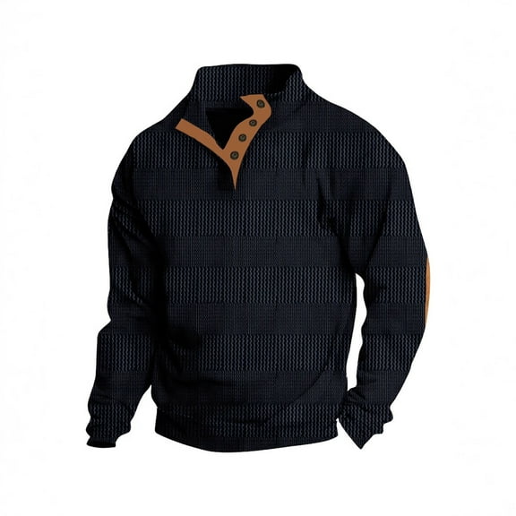 AWZXDE Men's Half Button Placket Stand Collar Sweatshirt, Jacquard Lined Warm Pullover, Outdoor Casual Long Sleeve Top Black,L