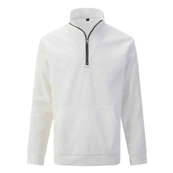 AWZXDE Men's Knit Quarter Zip Sweatshirt, Stand Collar Pocket Pullover, Thermal Fall Winter Top White,XXL