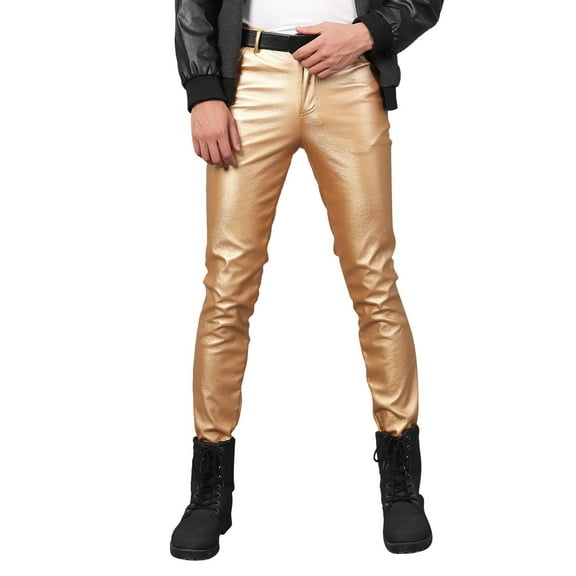 AWZXDE Men's Leather Pants Solid Color Straight Leg Slim Fit Style Stretch Comfortable Casual Trousers Gold,40/XXXL