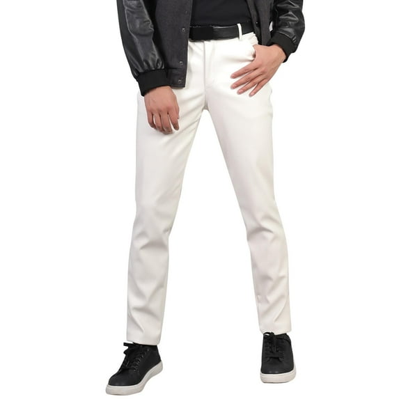 AWZXDE Men's Leather Pants Solid Color Straight Leg Slim Fit Style Stretch Comfortable Casual Trousers White,30/M