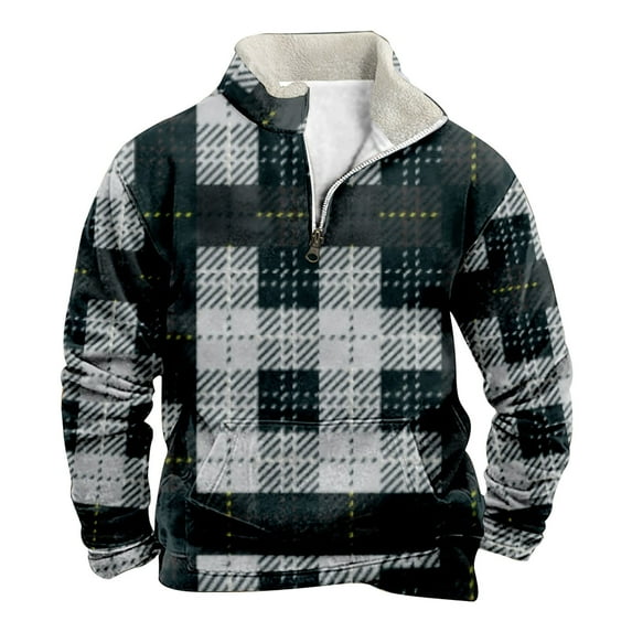AWZXDE Men's Long Sleeve Plaid Half Zip Sweatshirt with Pockets, Warm Casual Pullover Black,XXXL