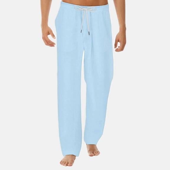 AWZXDE Men's Minimalist Casual Pants with Drawstring Elastic Waist Straight Leg Comfortable Relax Wear Solid Color Trousers Blue,M
